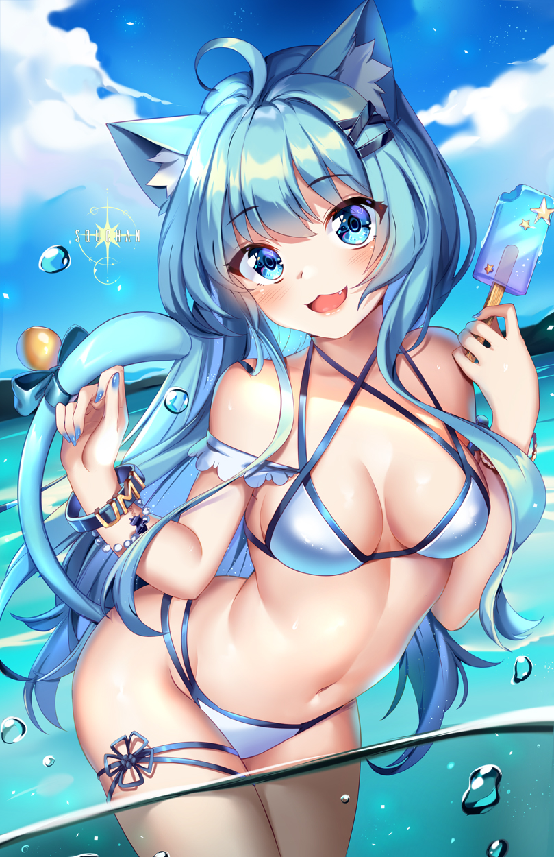 1girl, :3, :d, ahoge, animal_ear_fluff, animal_ears, artist_name, bangs