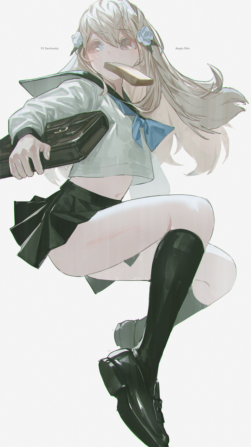 1girl, bag, bangs, black_footwear, black_legwear, black_sailor_collar, black_skirt, blue_neckwear