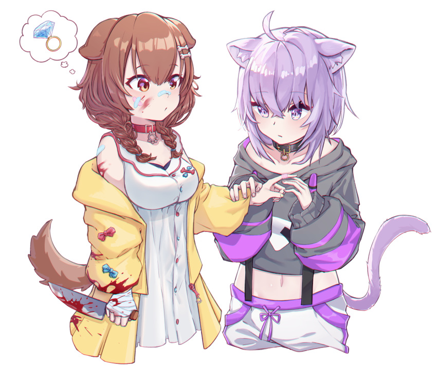 2girls, absurdres, animal_ears, applying_bandaid, bandaged_arm, bandages, bandaid, bandaid_on_cheek, bandaid_on_face, bandaid_on_nose, bandaid_on_shoulder, blood, blood_on_face, blood_stain, bloody_clothes, bloody_weapon, blush, cat_ears, cat_girl, cat_tail, choker, collar, dog_ears, dog_girl, dog_tail, highres, holding, holding_knife, hololive, injury, inugami_korone, jewelry, knife, lajiang, multiple_girls, nekomata_okayu, ring, tail, thought_bubble, virtual_youtuber, weapon, wedding_ring, yuri