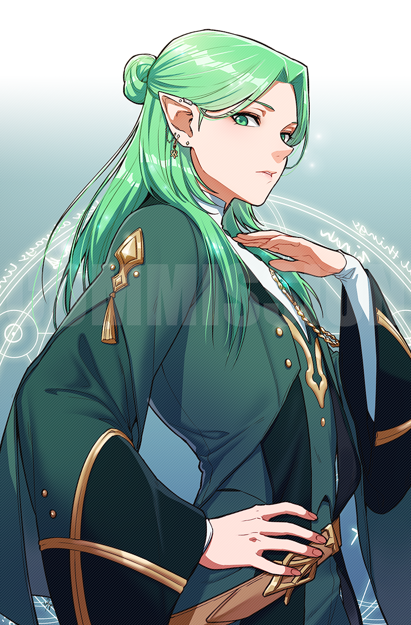 1boy, blue_background, commentary, commission, drawingddoom, earrings, english_text, fire_emblem, fire_emblem:_three_houses, gradient, gradient_background, green_eyes, green_hair, hand_on_hip, highres, jewelry, linhardt_von_hevring, long_hair, long_sleeves, looking_at_viewer, pointy_ears, simple_background, solo, standing, upper_body, watermark, white_background