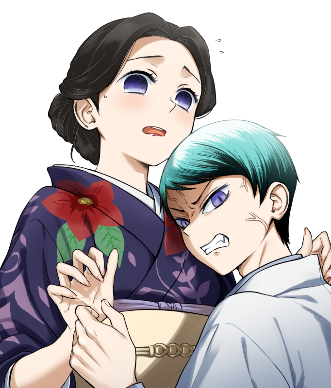 1boy, 1girl, anger_vein, angry, black_hair, blue_hair, clenched_teeth, commentary_request