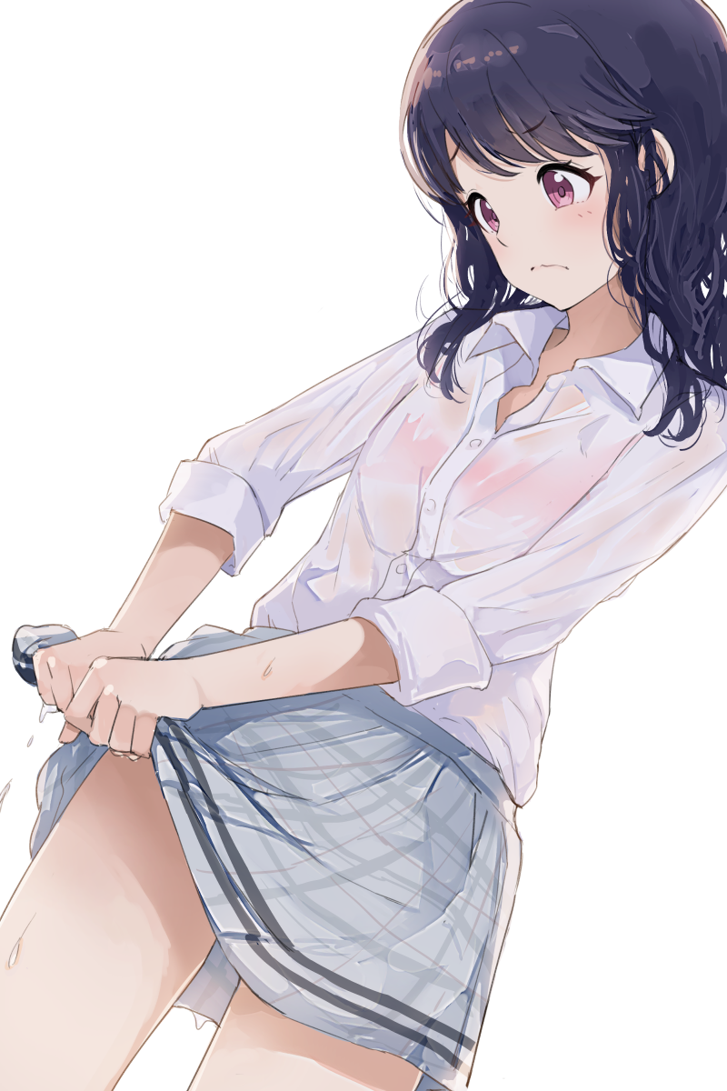 1girl, bangs, black_hair, commentary_request, cowboy_shot, dutch_angle, fukumaru_koito, grey_skirt