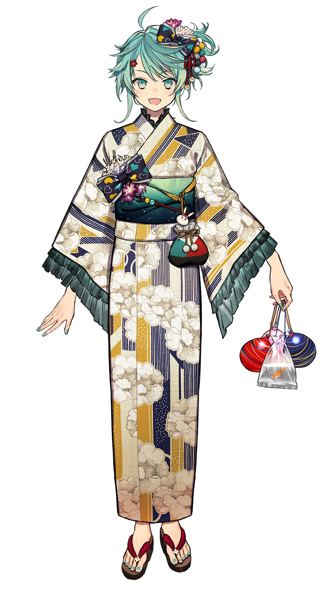 1boy, :d, ahoge, aqua_nails, bow, commentary_request, eyebrows_visible_through_hair, fish, floral_print, flower, full_body, green_eyes, green_hair, hair_flower, hair_ornament, highres, holding, holostars, japanese_clothes, kagami_kira, kimono, long_sleeves, looking_at_viewer, male_focus, nail_polish, nozaki_tsubata, official_art, open_mouth, otoko_no_ko, sandals, simple_background, smile, standing, tachi-e, virtual_youtuber, white_background, wide_sleeves, yukata