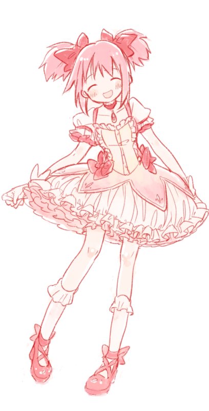 1girl, :d, ^_^, ankle_ribbon, ankle_strap, arms_at_sides, blush, breasts