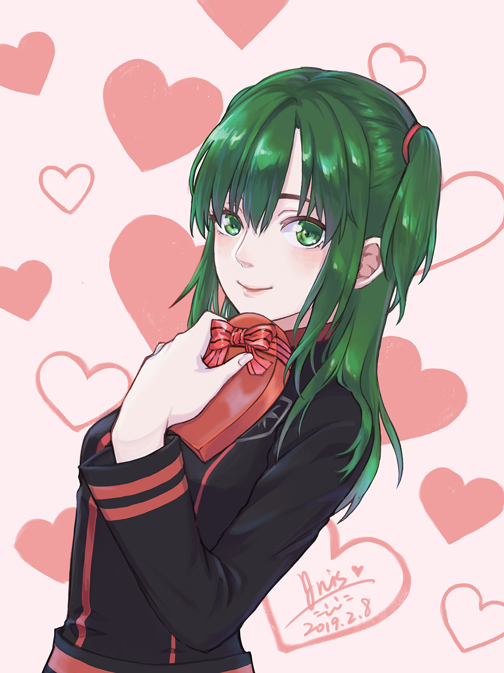 1girl, 2019, bangs, black_jacket, box, closed_mouth, d.gray-man, dated, green_eyes, green_hair, hair_between_eyes, hair_ornament, heart, heart-shaped_box, heart_background, highres, holding, holding_box, iris@work, jacket, lenalee_lee, long_hair, long_sleeves, looking_at_viewer, shiny, shiny_hair, signature, smile, solo, twintails