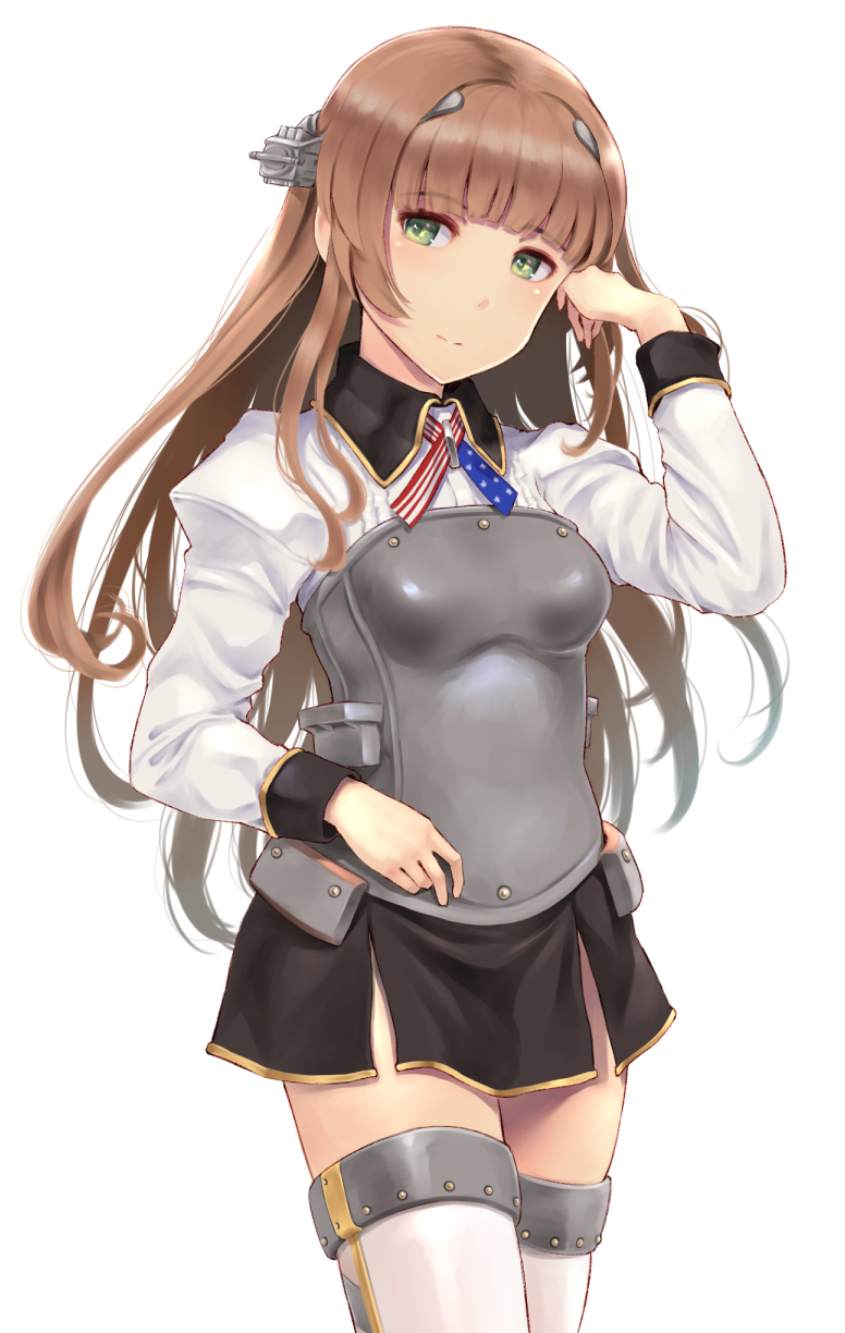 1girl, american_flag_neckwear, bangs, black_skirt, blunt_bangs, breasts, brown_hair, eyebrows_visible_through_hair
