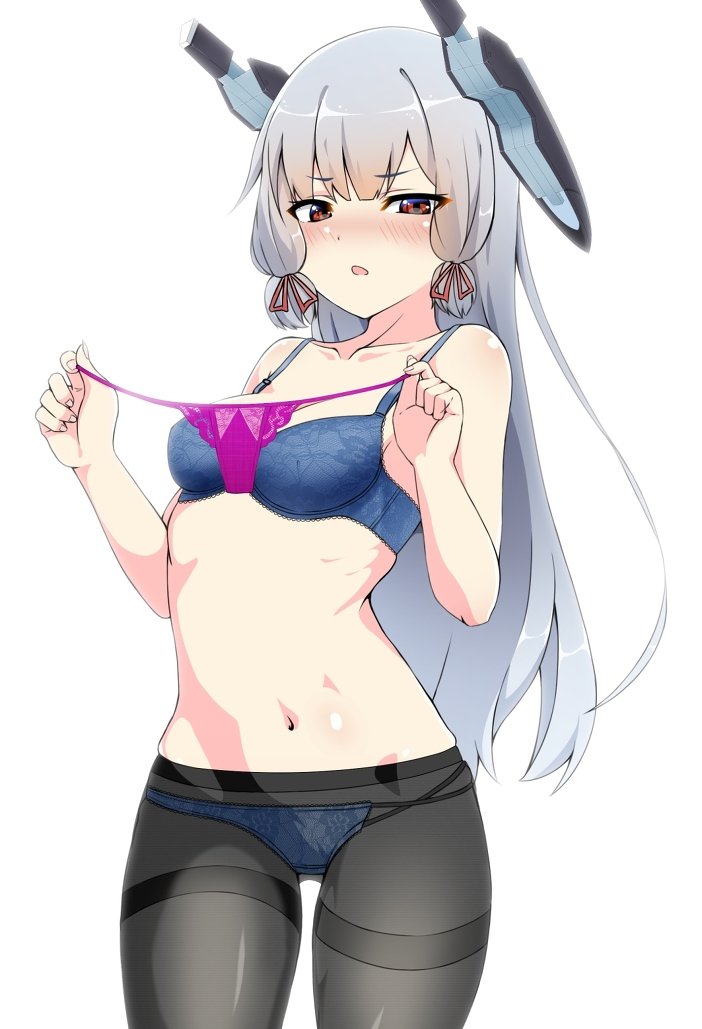 1girl, black_legwear, blue_bra, blue_legwear, blue_panties, blush, bra, commentary_request