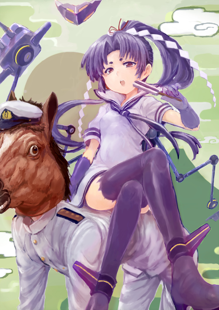 1boy, 1girl, admiral_(kantai_collection), boots, closed_fan, clouds, crossed_legs, dress