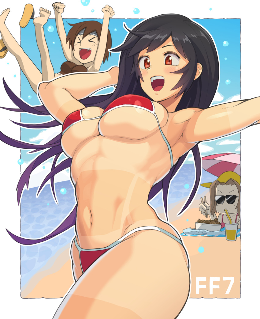 3girls, aerith_gainsborough, barefoot, beach, bikini, breasts, chopsticks, day, drink, drinking, feet, final_fantasy, final_fantasy_vii, hat, highres, large_breasts, multiple_girls, navel, ocean, open_mouth, red_bikini, sky, slippers, stomach, summer, sunglasses, swimsuit, tan, tanline, tifa_lockhart, yakisoba, yuffie_kisaragi