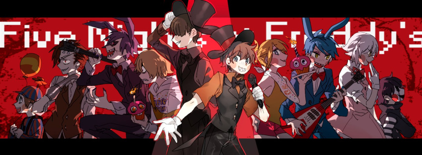 3girls, 6+boys, animal_ears, balloon, balloon_boy_(fnaf), bib, black_hair, blonde_hair