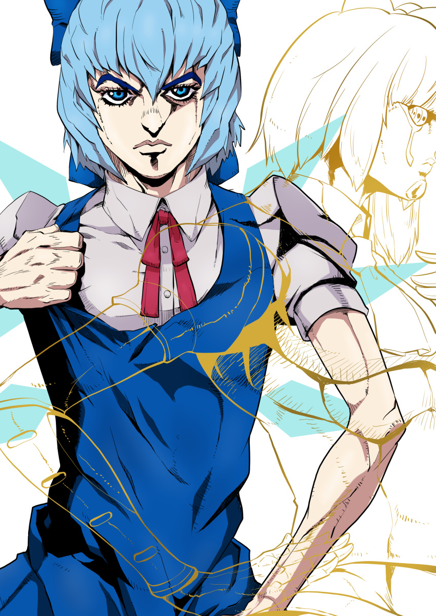 1girl, absurdres, araki_hirohiko_(style), blue_bow, blue_dress, blue_eyes, blue_hair, bow