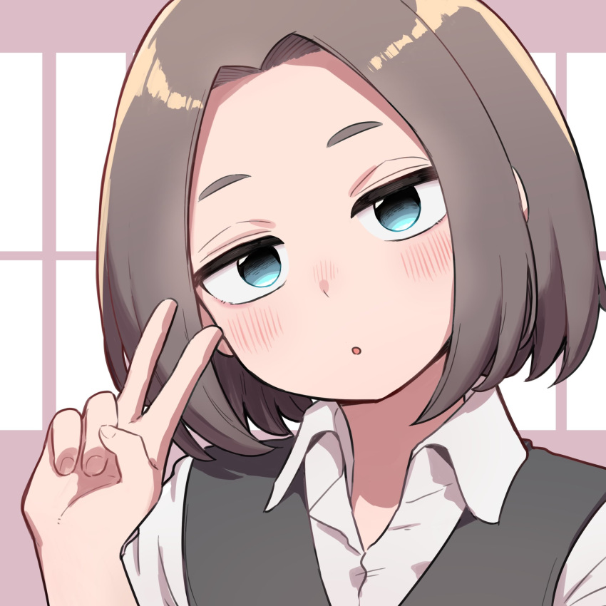 1girl, blue_eyes, blush, brown_hair, collared_shirt, expressionless, half-closed_eyes, highres, jitome, looking_at_viewer, office_lady, oogushi_aritomo, peace_symbol, senpai_ga_uzai_kouhai_no_hanashi, shirt, short_hair, solo, tsukishiro_mona_(shiromanta), v, vest