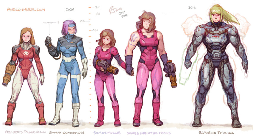 5girls, alternate_costume, arm_cannon, arne_(android_arts), blonde_hair, blue_bodysuit, bodysuit, breasts