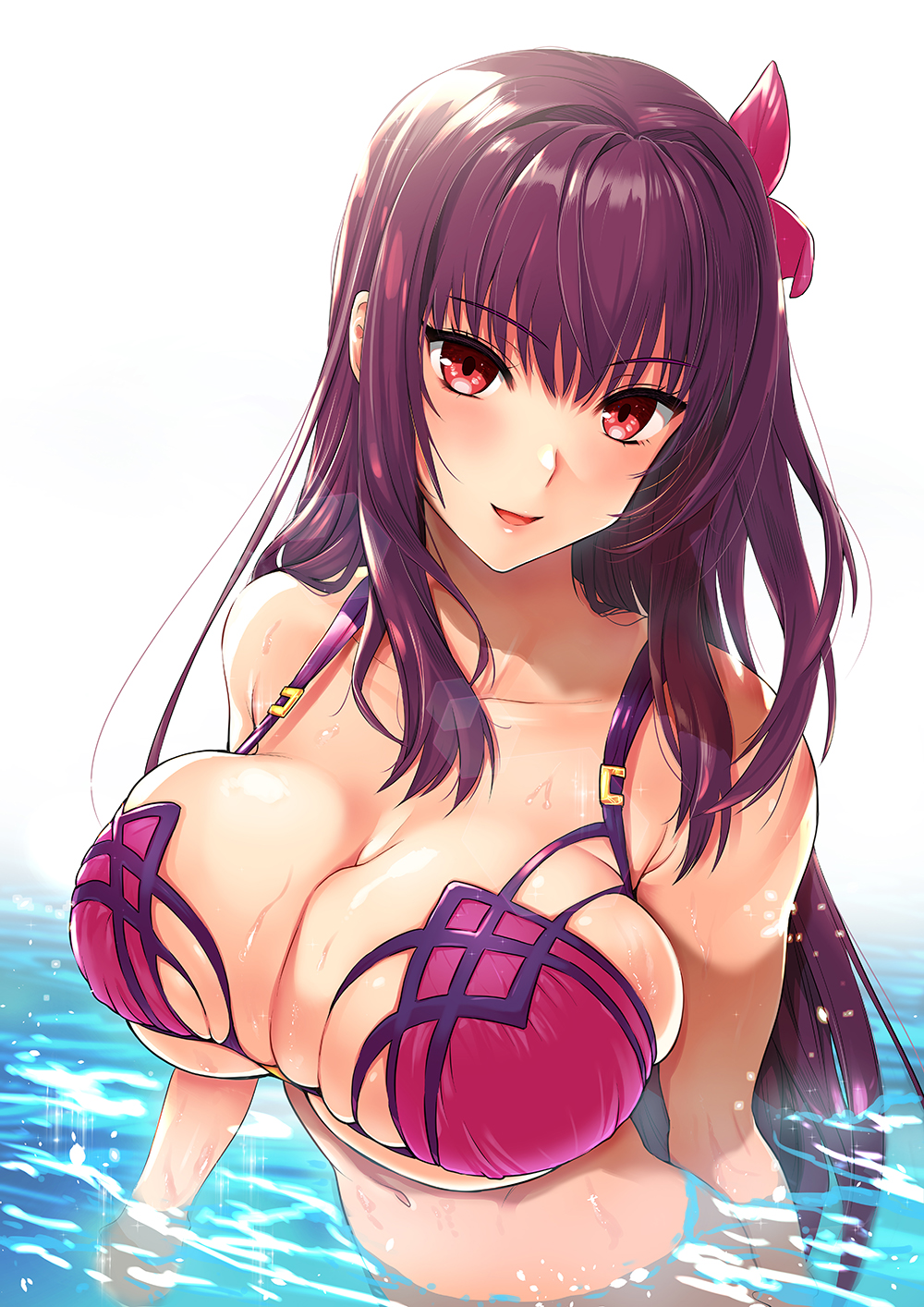 1girl, alternate_costume, bangs, bare_shoulders, bikini, blush, breasts, bursting_breasts