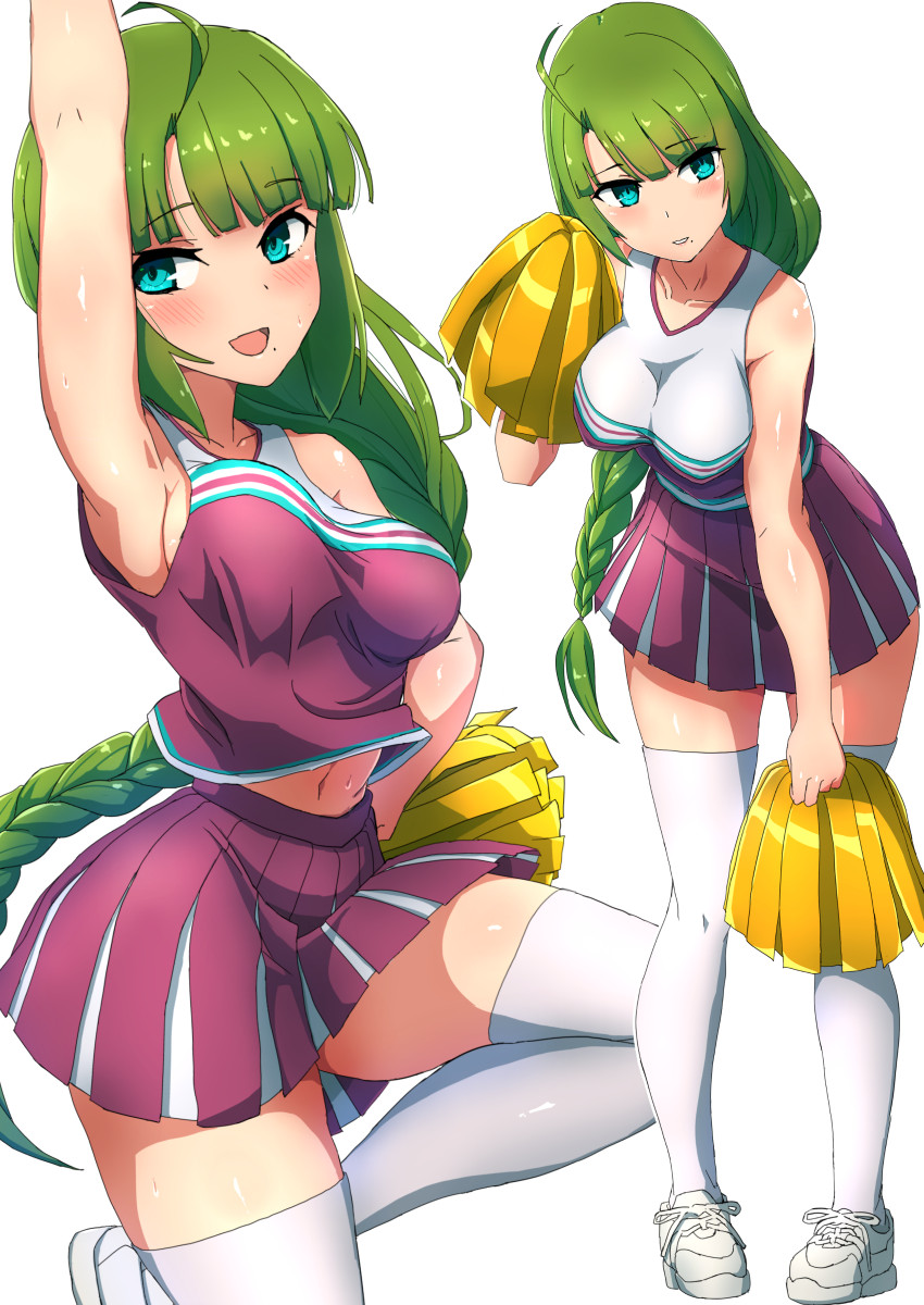 1girl, ahoge, alternate_costume, arm_up, bangs, blue_eyes, blunt_bangs, blush