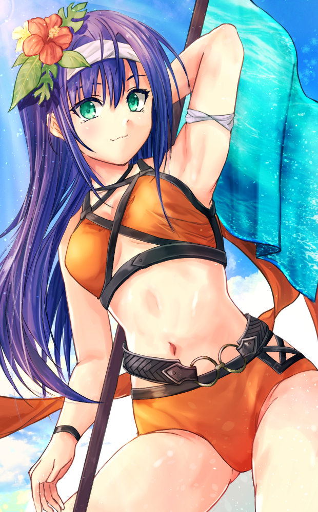 1girl, arm_up, bikini, blue_hair, closed_mouth, fire_emblem, fire_emblem:_radiant_dawn, fire_emblem_heroes