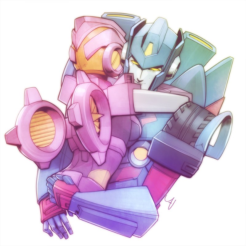 1boy, 1girl, autobot, english_commentary, from_behind, hug, looking_down, nautica