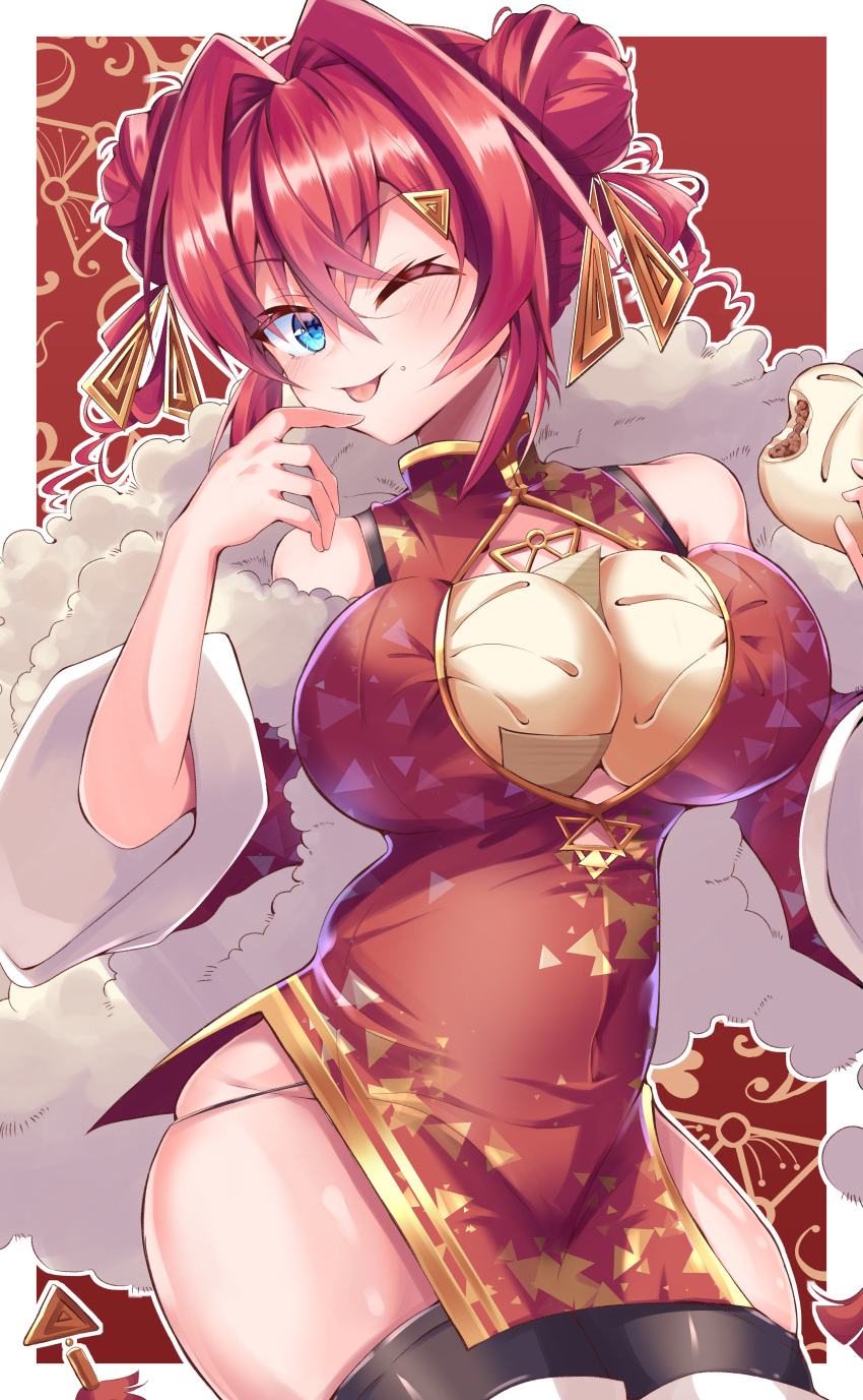 1girl, absurdres, ange_katrina, baozi, blue_eyes, breast_padding, china_dress, chinese_clothes