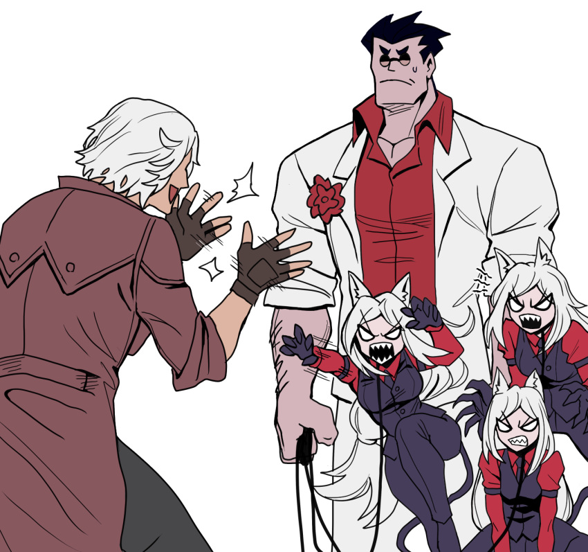 2boys, 3girls, animal_ears, arm_hair, bared_teeth, black_gloves, black_hair, black_pants