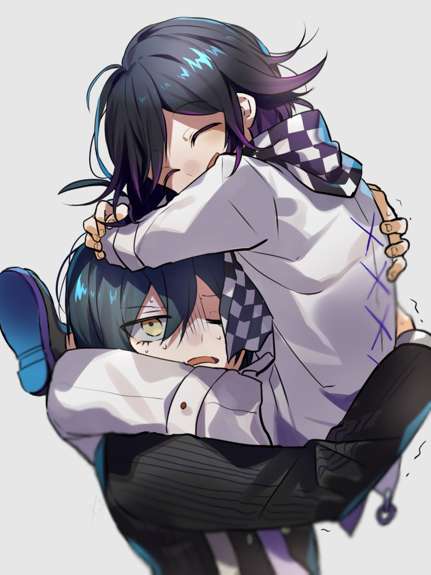 2boys, ahoge, black_hair, blush, checkered, checkered_scarf, dangan_ronpa, grey_background, hair_between_eyes, happy, head_hug, highres, holding, holding_another, hug, huyuharu0214, jacket, long_sleeves, looking_at_viewer, male_focus, multiple_boys, new_dangan_ronpa_v3, one_eye_closed, open_mouth, ouma_kokichi, pants, purple_hair, saihara_shuuichi, scarf, school_uniform, shoes, smile, straitjacket, striped_jacket, sweatdrop, thigh_strap, white_jacket, white_pants, yaoi