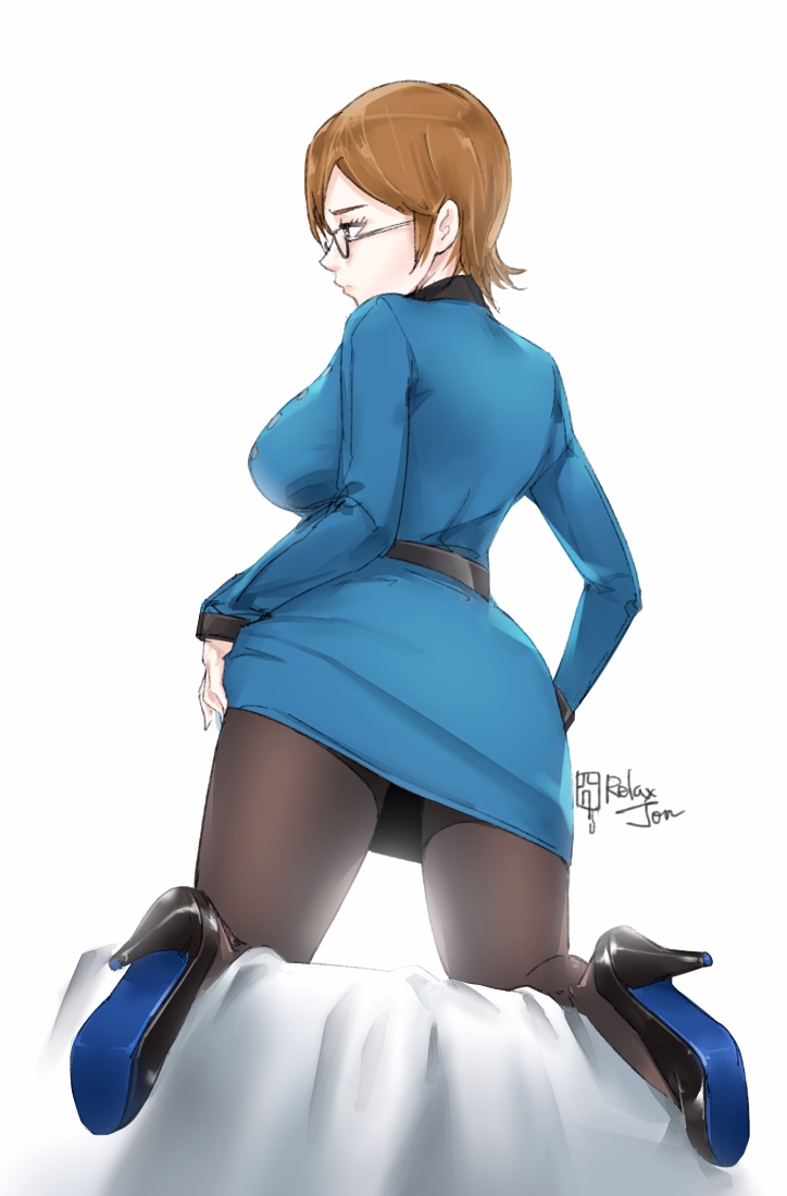 1girl, artist_name, black_legwear, blue_skirt, breasts, brown_hair, capella_(kuutei_dragons), full_body