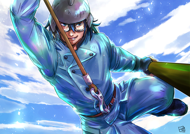 1boy, 390skr390, arm_up, belt, black_hair, clenched_hand, day, facial_hair