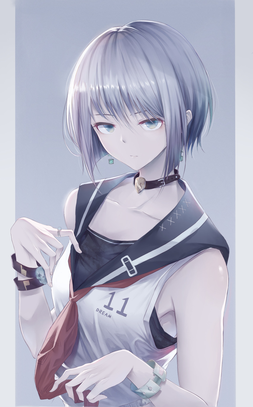 1girl, absurdres, blouse, bracelet, choker, earrings, grey_eyes, grey_hair