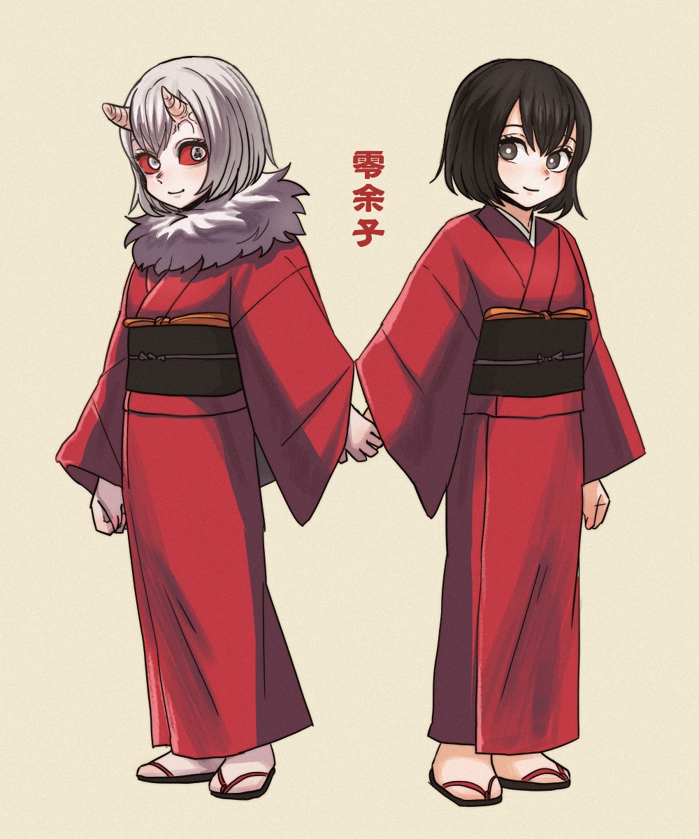 2girls, asymmetrical_horns, black_eyes, black_hair, demon_girl, demon_horns, dual_persona, fur-trimmed_kimono