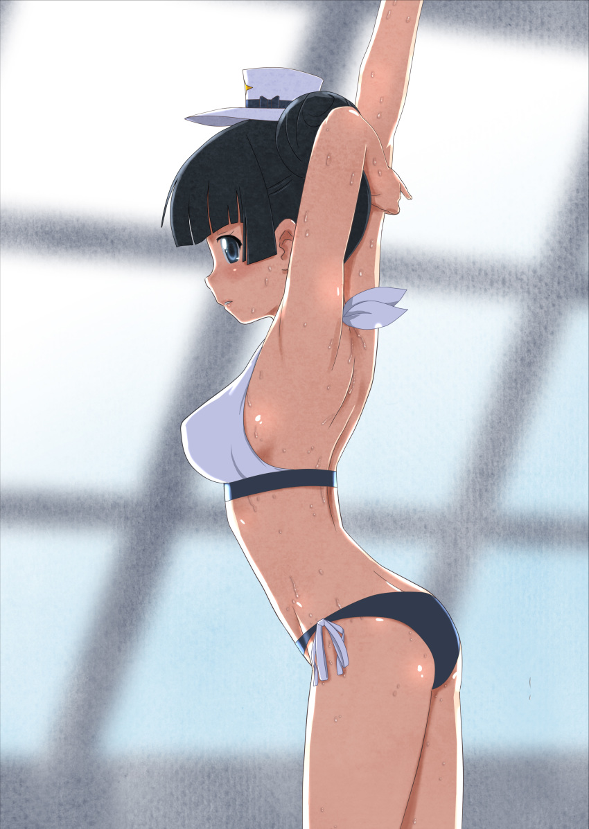 1girl, absurdres, arm_behind_head, arms_up, bangs, bikini, black_hair, blue_eyes
