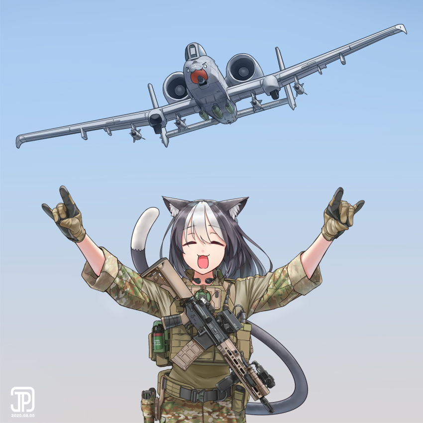 1girl, a-10_thunderbolt_ii, aircraft, airplane, assault_rifle, battle_rifle, camouflage, desert_camouflage