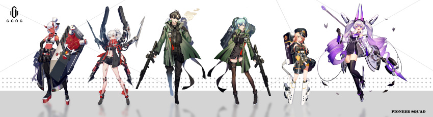 1boy, 5girls, :d, absurdres, ankle_boots, aqua_hair, arm_pouch, assault_rifle