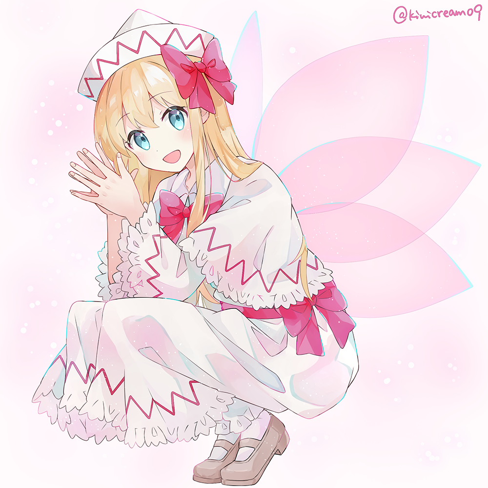 1girl, :d, aqua_eyes, bangs, blonde_hair, bobby_socks, bow, bowtie