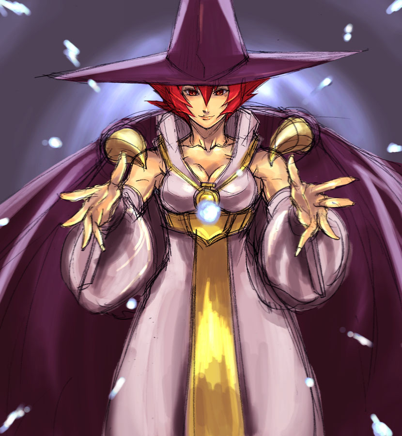 1girl, capcom, cape, cleavage, hat, kimuchi, red_earth, red_eyes