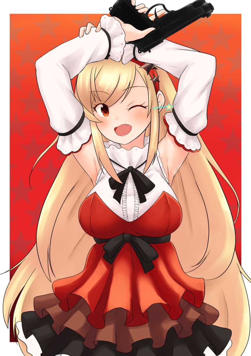 alternate_breast_size, blonde_hair, breasts, detached_sleeves, dress, fang, frilled_dress, frills