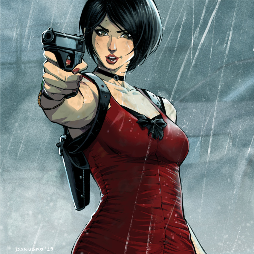 1girl, ada_wong, aiming, black_bra, black_choker, black_hair, bra, bra_peek