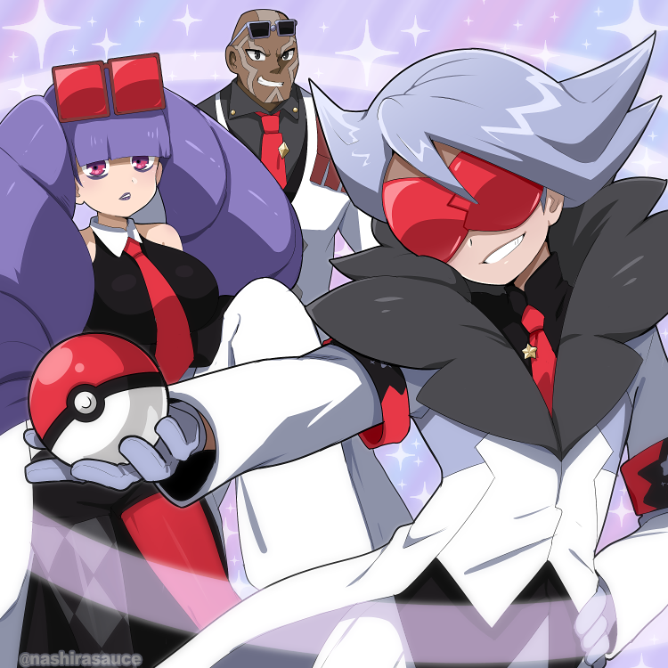 1girl, 2boys, armband, bald, bangs, black_shirt, blunt_bangs, breasts, checkered, checkered_legwear, chetta_(pokemon), collared_shirt, commentary, dark_skin, dark_skinned_male, drival_(pokemon), eyewear_on_head, fur-trimmed_jacket, fur_trim, grin, hand_on_hip, holding, holding_poke_ball, jacket, large_breasts, lipstick, long_hair, looking_at_viewer, lyer_(pokemon), makeup, mismatched_legwear, multiple_boys, nashirasauce, necktie, pantyhose, poke_ball, poke_ball_(basic), pokemon, pokemon_(game), pokemon_masters, purple_hair, purple_lipstick, red-tinted_eyewear, red_armband, red_legwear, red_neckwear, shirt, silver_hair, smile, sparkle, standing, tinted_eyewear, twitter_username, visor, white_jacket