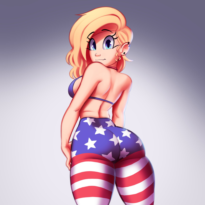 1girl, absurdres, american_flag, ass, asymmetrical_hair, back, bikini, bikini_top