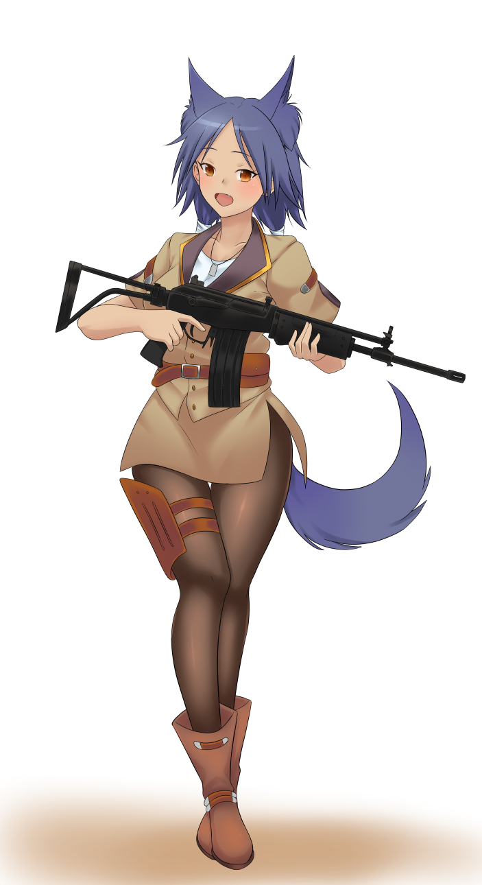 1girl, animal_ears, assault_rifle, blue_hair, blush, breasts, cosplay, dark_skin