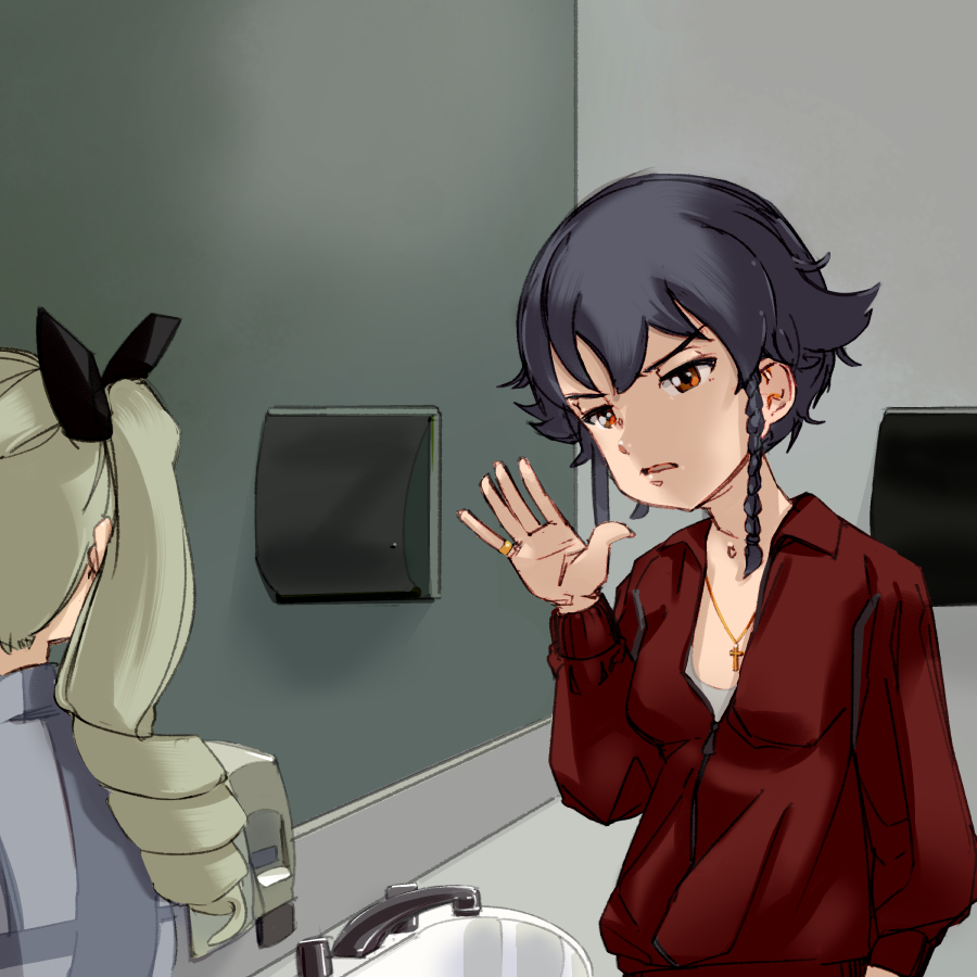 2girls, anchovy_(girls_und_panzer), arm_at_side, arm_up, bangs, bathroom, black_hair, black_ribbon