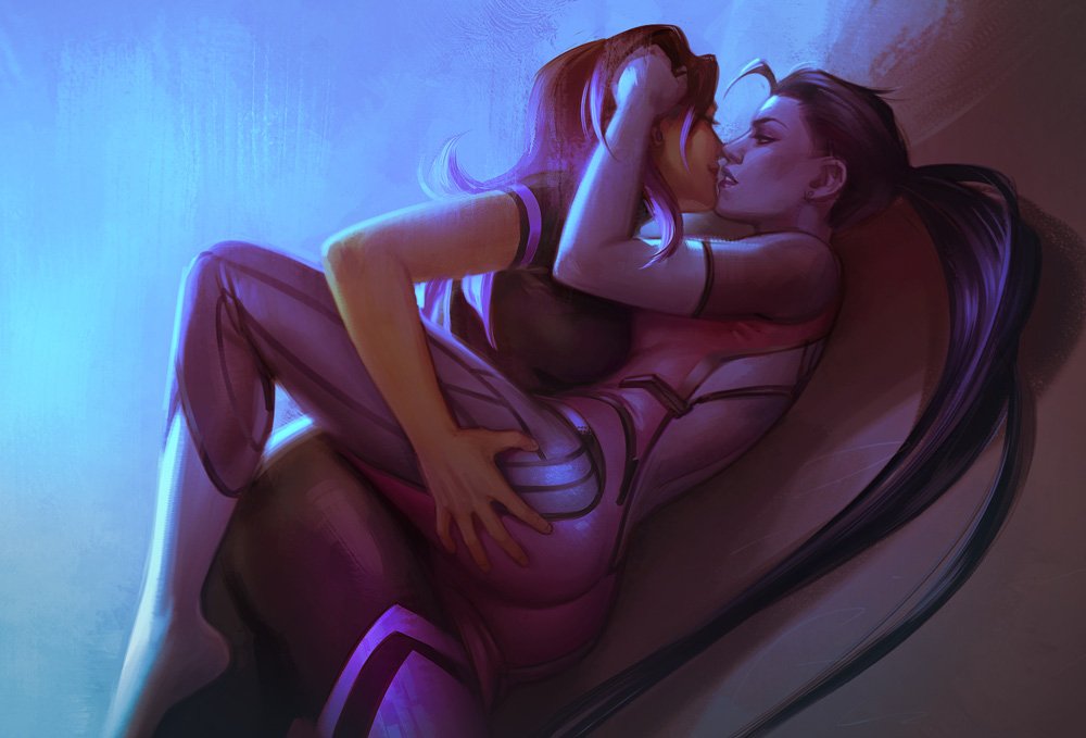 2girls, ahoge, ass, ass_grab, barefoot, black_hair, bodysuit, breasts, commentary, dark_skin, girl_on_top, hair_grab, lips, lying, maren_marmulla, medium_breasts, multiple_girls, nose, on_back, overwatch, ponytail, purple_hair, purple_skin, short_sleeves, small_breasts, sombra_(overwatch), symbol_commentary, widowmaker_(overwatch), yuri