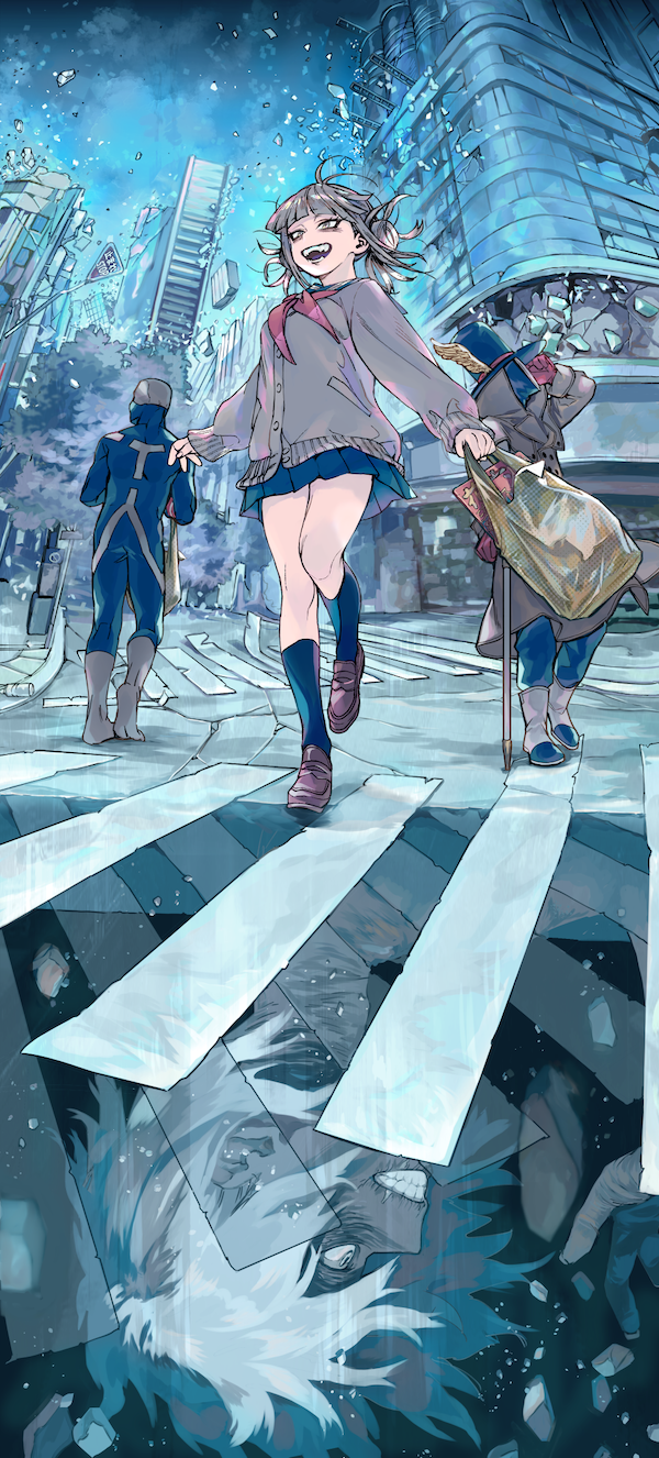 1girl, 3boys, bag, blonde_hair, bodysuit, boku_no_hero_academia, boots, broken_glass, bubaigawara_jin, building, cane, double_bun, full_body, gb0071fg, glass, gloves, hat, highres, kneehighs, mask, multiple_boys, open_mouth, outdoors, road, school_uniform, shopping_bag, sign, skirt, standing, stop_sign, street, teeth, toga_himiko, trench_coat, white_hair, yellow_eyes