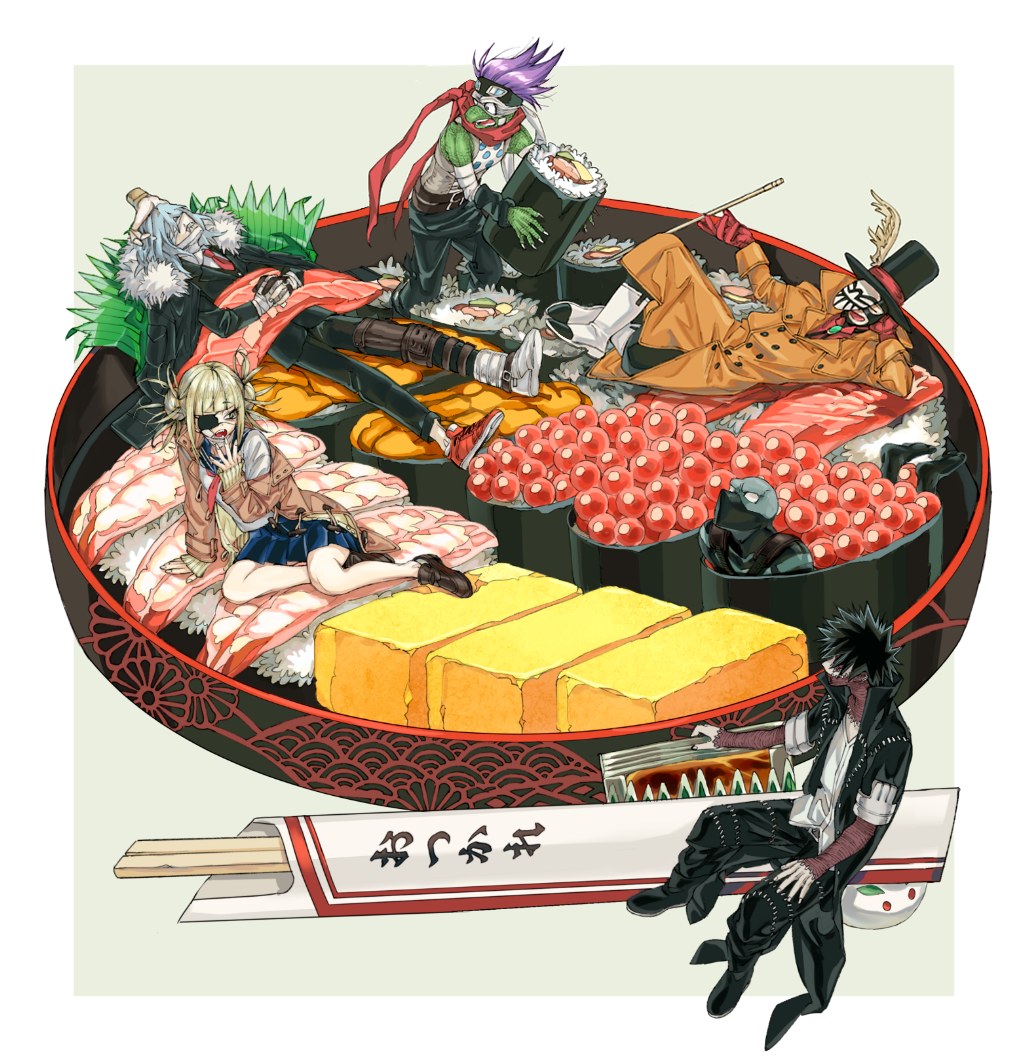 1girl, 5boys, arm_support, bare_shoulders, blonde_hair, boku_no_hero_academia, boots, bubaigawara_jin