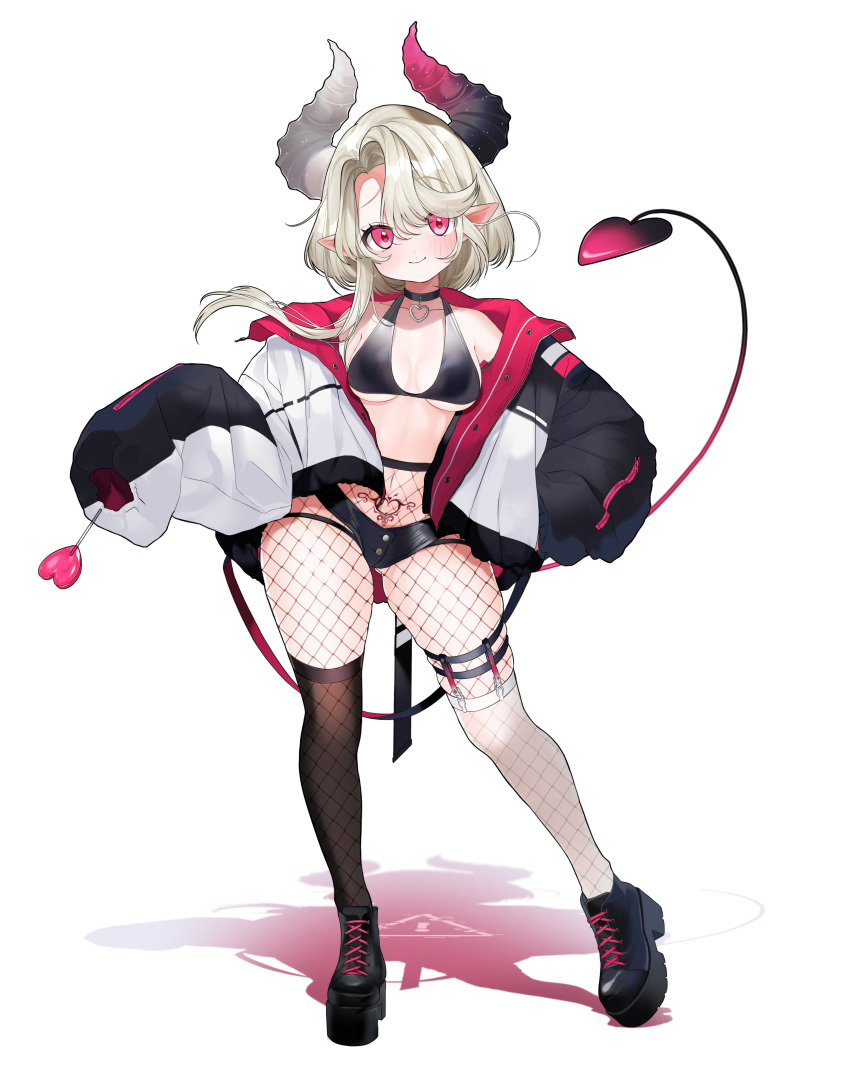 1girl, absurdres, bangs, bikini, bikini_top, black_choker, black_footwear, black_legwear, black_shorts, breasts, candy, choker, closed_mouth, coat, commentary, cross-laced_footwear, demon_girl, demon_horns, demon_tail, eyebrows_visible_through_hair, fishnet_legwear, fishnets, food, full_body, garter_straps, hand_on_hip, heart, heart_choker, heart_lollipop, highres, holding, holding_food, horns, legwear_under_shorts, lollipop, looking_at_viewer, medium_breasts, medium_hair, micro_shorts, mismatched_horns, mismatched_legwear, original, oversized_clothes, pantyhose, pink_eyes, pointy_ears, pomu_(pomu_me), pubic_tattoo, shadow, shoes, shorts, silver_hair, simple_background, skindentation, sleeves_past_fingers, sleeves_past_wrists, smile, solo, swept_bangs, swimsuit, tail, tattoo, white_background, white_coat, white_legwear, zipper
