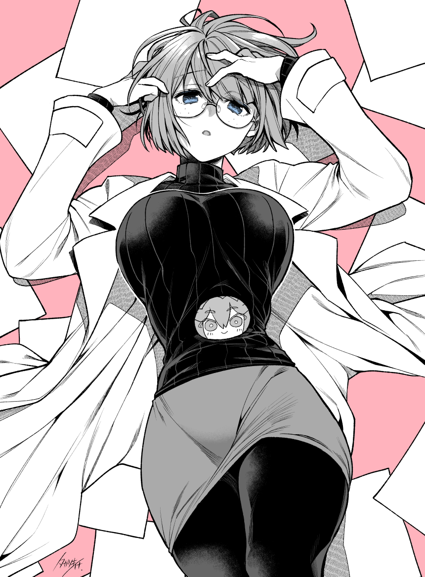 1girl, blue_eyes, breasts, cowboy_shot, eyebrows_visible_through_hair, eyes_visible_through_hair, freckles, glasses