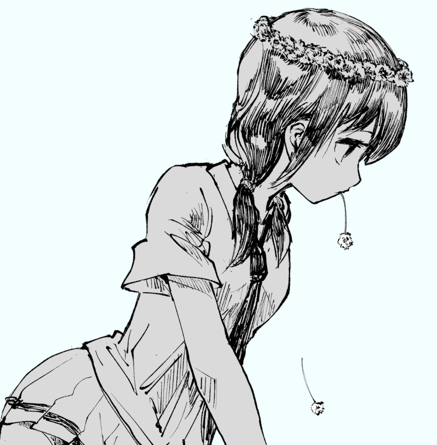 1girl, blue_background, collared_shirt, dandelion, ear, flower, flower_in_mouth, greyscale, hair_tie, head_wreath, highres, leon_kame, looking_to_the_side, monochrome, necktie, pleated_skirt, school_uniform, shirt, short_sleeves, short_twintails, skirt, solo, striped, striped_skirt, tamura_yuri, twintails, watashi_ga_motenai_no_wa_dou_kangaetemo_omaera_ga_warui!
