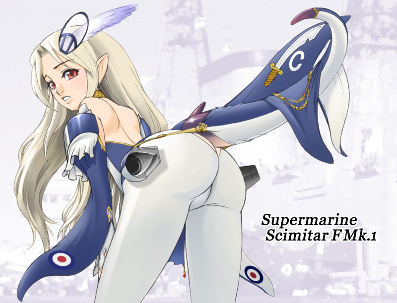 ass, blonde_hair, head_wings, headwings, janome_gochou, jet, mecha, mecha_musume, military, pointy_ears, red_eyes, scimitar, supermarine, supermarine_scimitar, tail