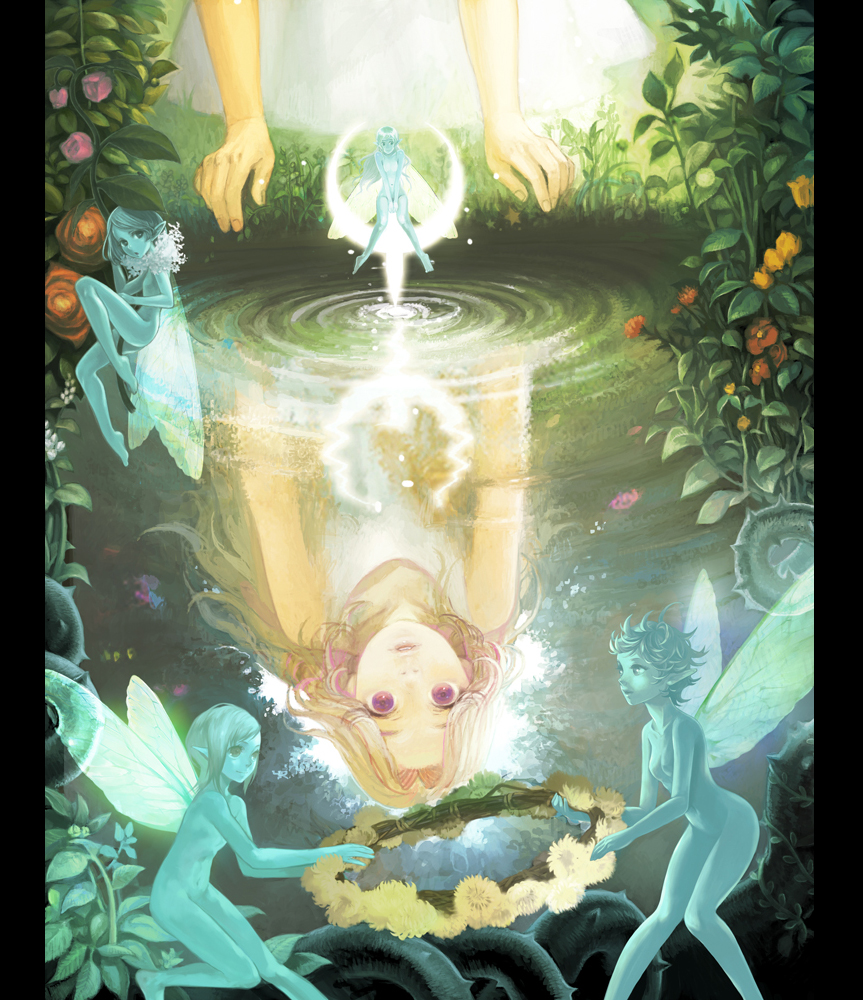 fantasy, flower, matayoshi, original, pixie, quake, reflection, water, wreath