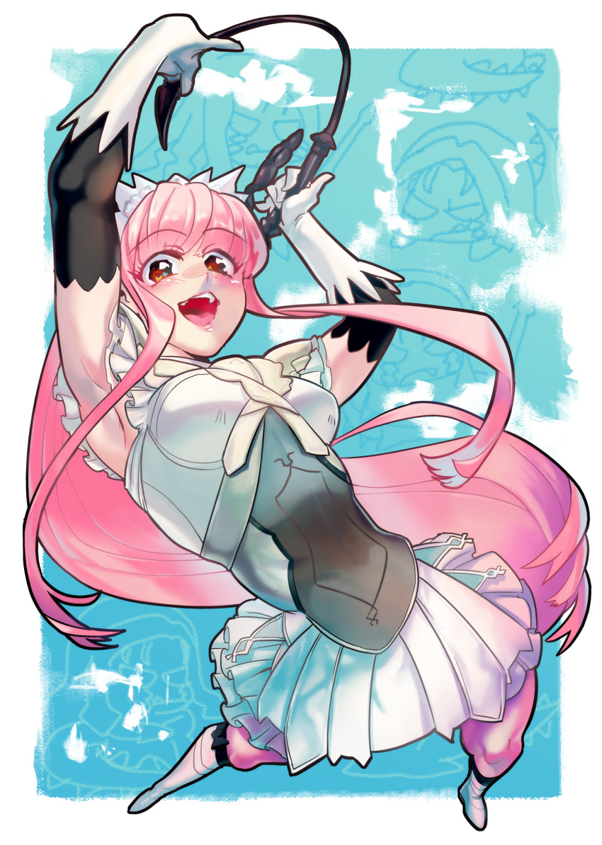 armpits, arms_up, blush, boots, breasts, brown_eyes, dress, eyebrows_visible_through_hair