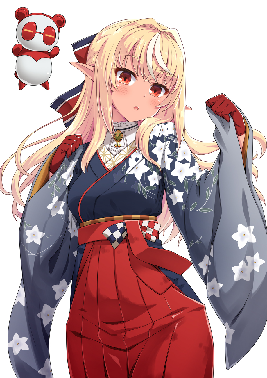1girl, bangs, blonde_hair, blush, cowboy_shot, dark_skin, ekakuishikororo, elf