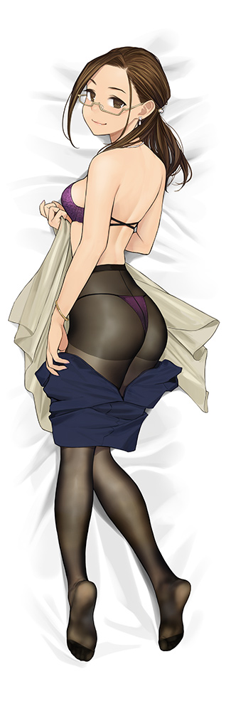 1girl, ass, bra, bracelet, breasts, brown_eyes, brown_hair, closed_mouth